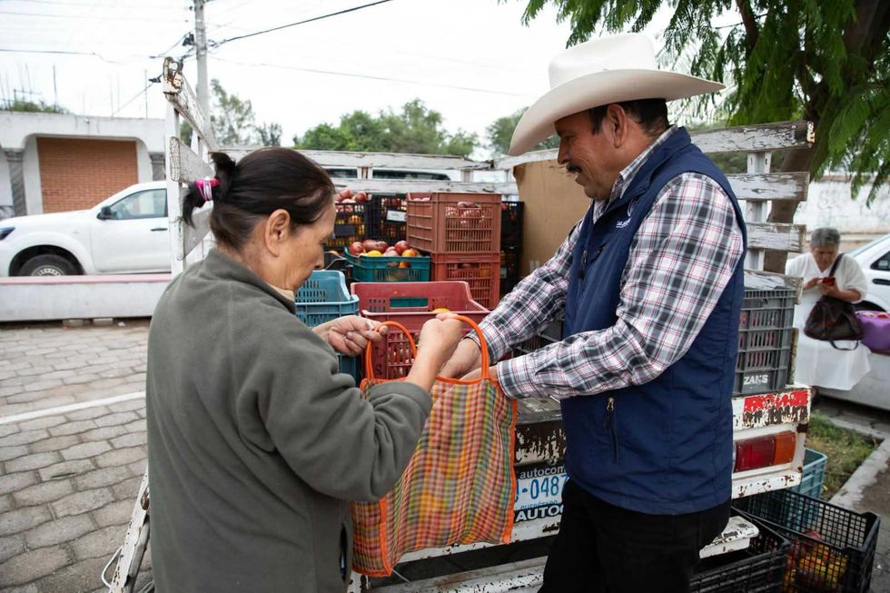 Funcionario del \u00e1rea agropecuaria entrega jitomate a habitante de Nuevo San Isidro durante jornada municipal de San Juan del R\u00edo, agosto 2026