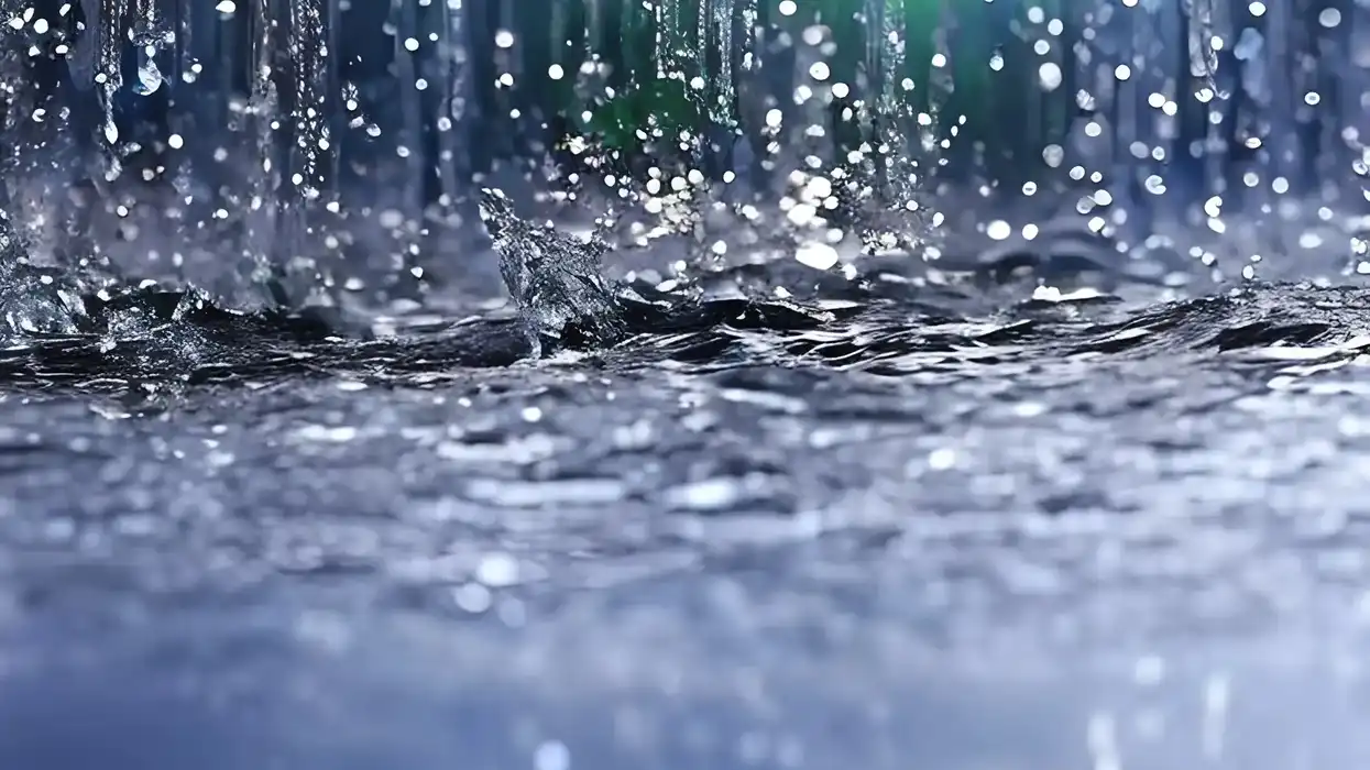 Gotas de lluvia caen y salpican sobre una superficie de agua