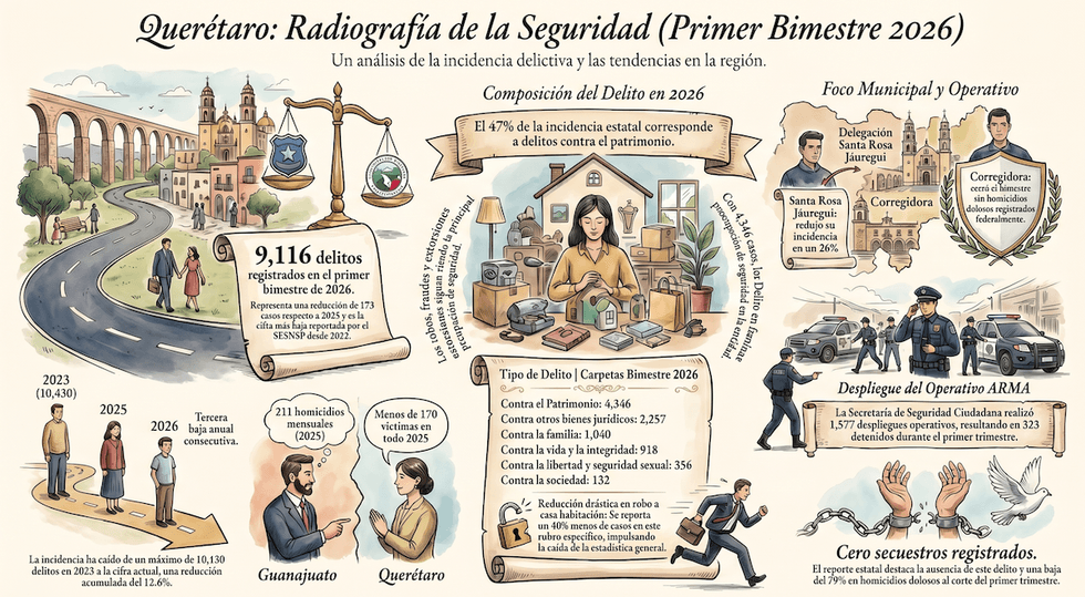Gr\u00e1fica de incidencia delictiva en Quer\u00e9taro durante primer bimestre 2026 con datos del SESNSP