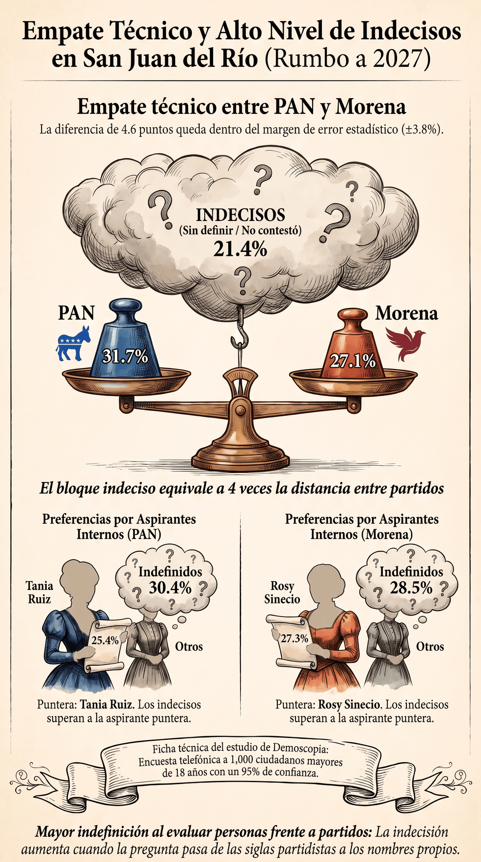 Gr\u00e1fico de Demoscopia con la intenci\u00f3n de voto por partido para la presidencia municipal de San Juan del R\u00edo: PAN 31.7% y Morena 27.1%.