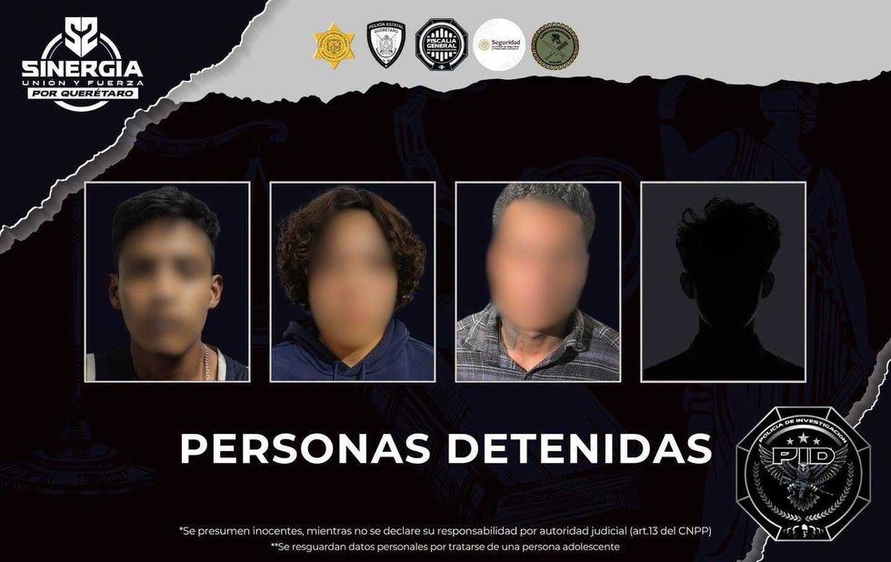 Gr\u00e1fico de la Fiscal\u00eda de Quer\u00e9taro con los cuatro detenidos en cateos de la estrategia Sinergia, rostros difuminados
