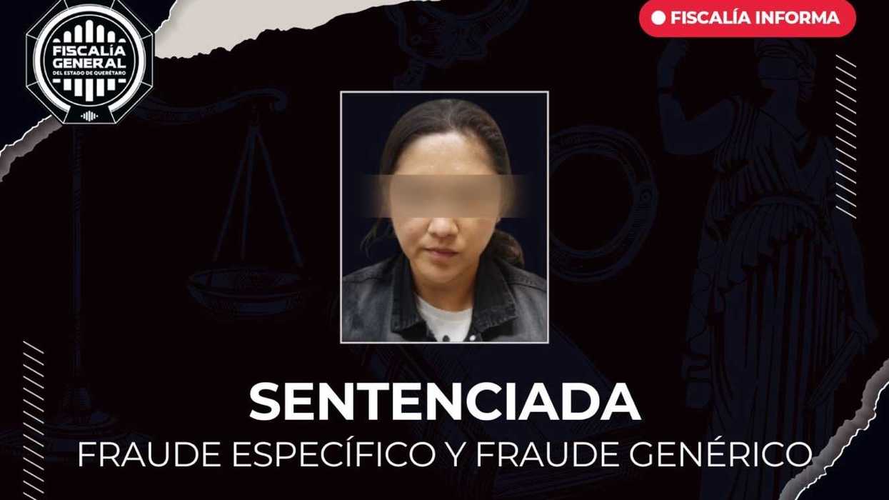Gráfica de la Fiscalía General del Estado de Querétaro con la fotografía de identificación de Joana "N", sentenciada por fraude en venta de vehículos robados