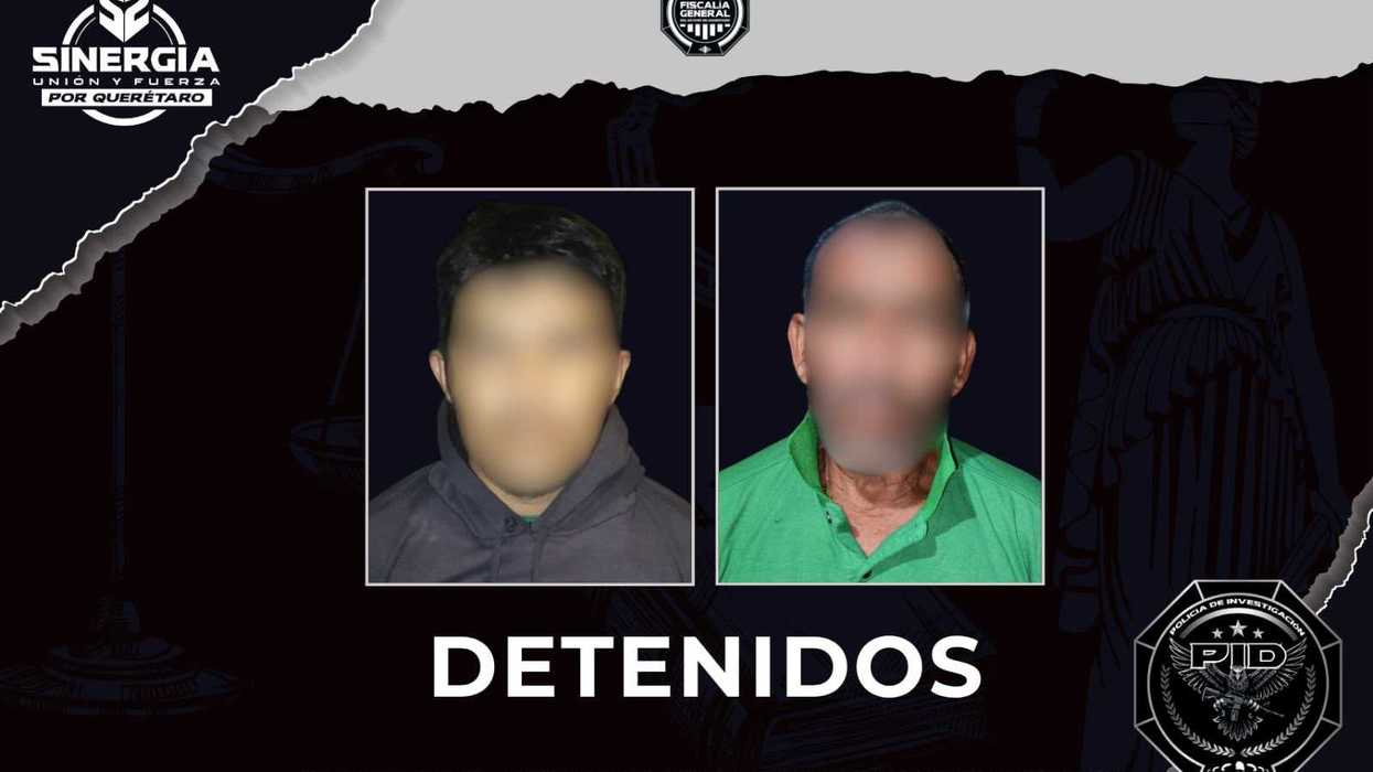 Gráfica oficial con dos personas de rostro difuminado y logotipos de Sinergia, Fiscalía y Policía de Investigación