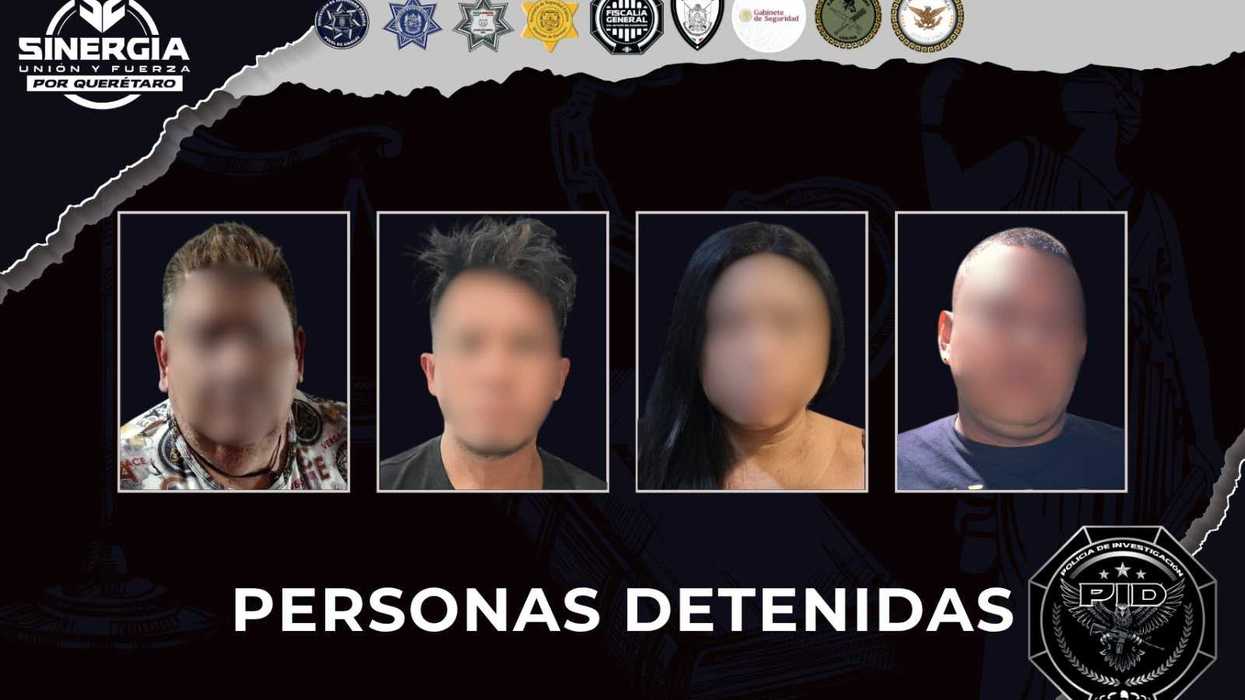 Gráfico de Sinergia por Querétaro con las cuatro personas detenidas en seis cateos, con los rostros difuminados