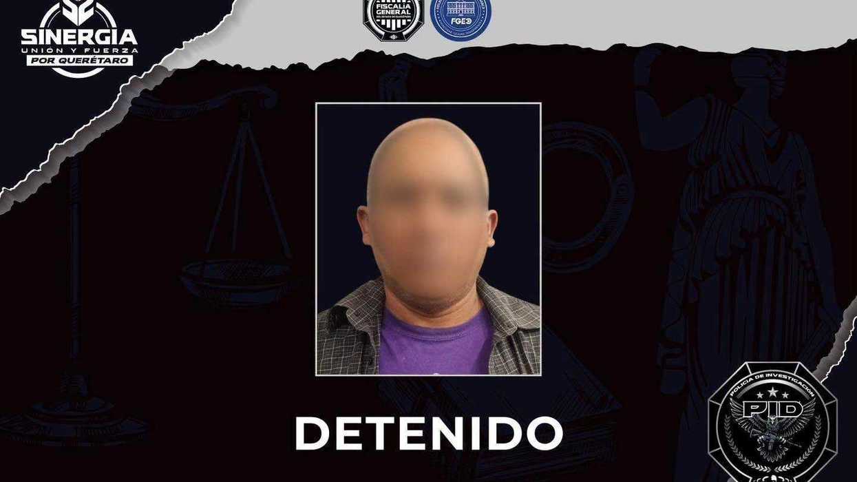 Gráfico institucional de la Fiscalía General del Estado de Querétaro que muestra a un hombre con el rostro difuminado bajo la leyenda "Detenido", junto a logotipos de Fiscalía Querétaro, FGEO y Policía de Investigación del Delito.