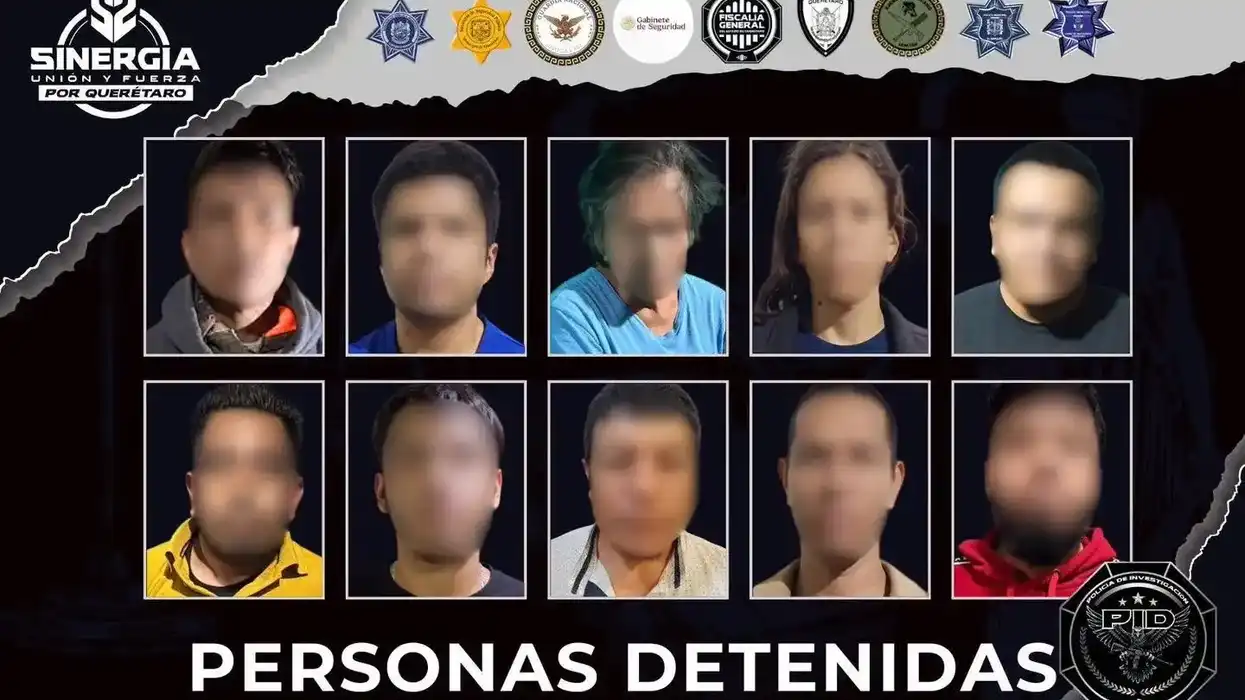 Gráfico institucional de Sinergia con los rostros difuminados de las diez personas detenidas en Querétaro