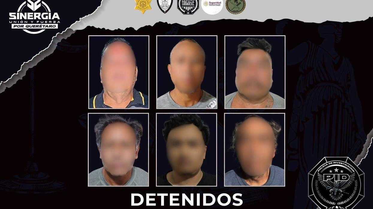 Gráfico oficial de la Fiscalía General de Querétaro con seis fotografías de rostro difuminadas bajo el título "Detenidos", acompañado de logotipos de corporaciones de seguridad y leyenda de presunción de inocencia.