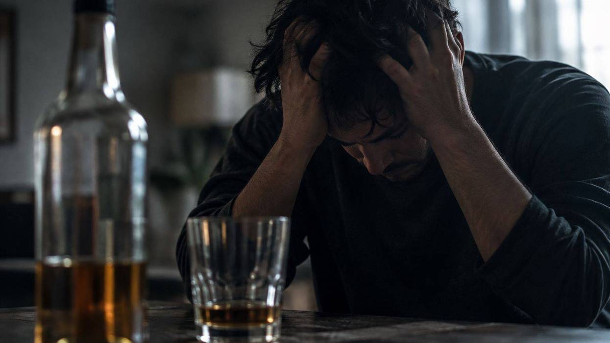 Hombre con las manos en la cabeza ante una botella y un vaso de alcohol, imagen sobre abstinencia alcohólica