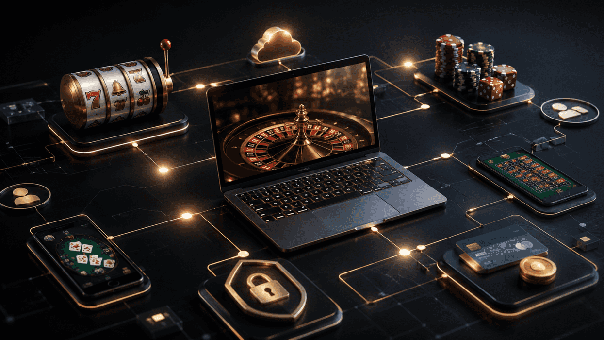Ilustración conceptual de la infraestructura de un casino online: laptop con ruleta, fichas, dispositivos móviles y elementos de pago conectados entre sí