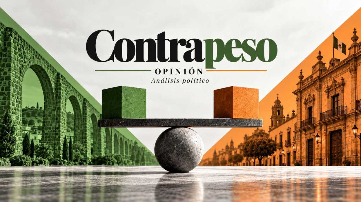 Ilustración de la columna Contrapeso sobre la sucesión del PAN en Querétaro: balanza con bloques verde y naranja