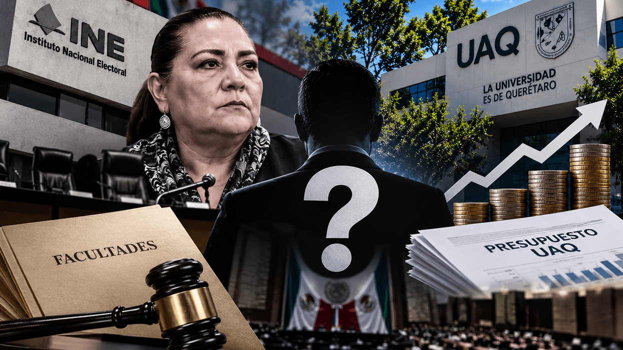 Ilustración sobre Morena, el INE y el presupuesto de la UAQ que combina la sede del Instituto Nacional Electoral, una mujer en una sala de sesiones, una silueta con signo de interrogación y el edificio de la UAQ con monedas y un documento de presupuesto