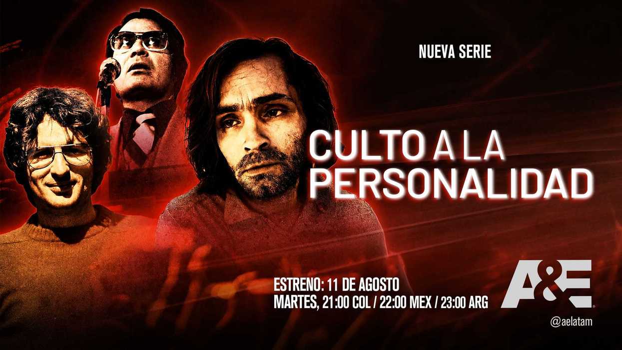 Imagen promocional de la serie documental Culto a la Personalidad de A&E, dedicada a líderes de movimientos sectarios como Jim Jones, Charles Manson y David Koresh.
