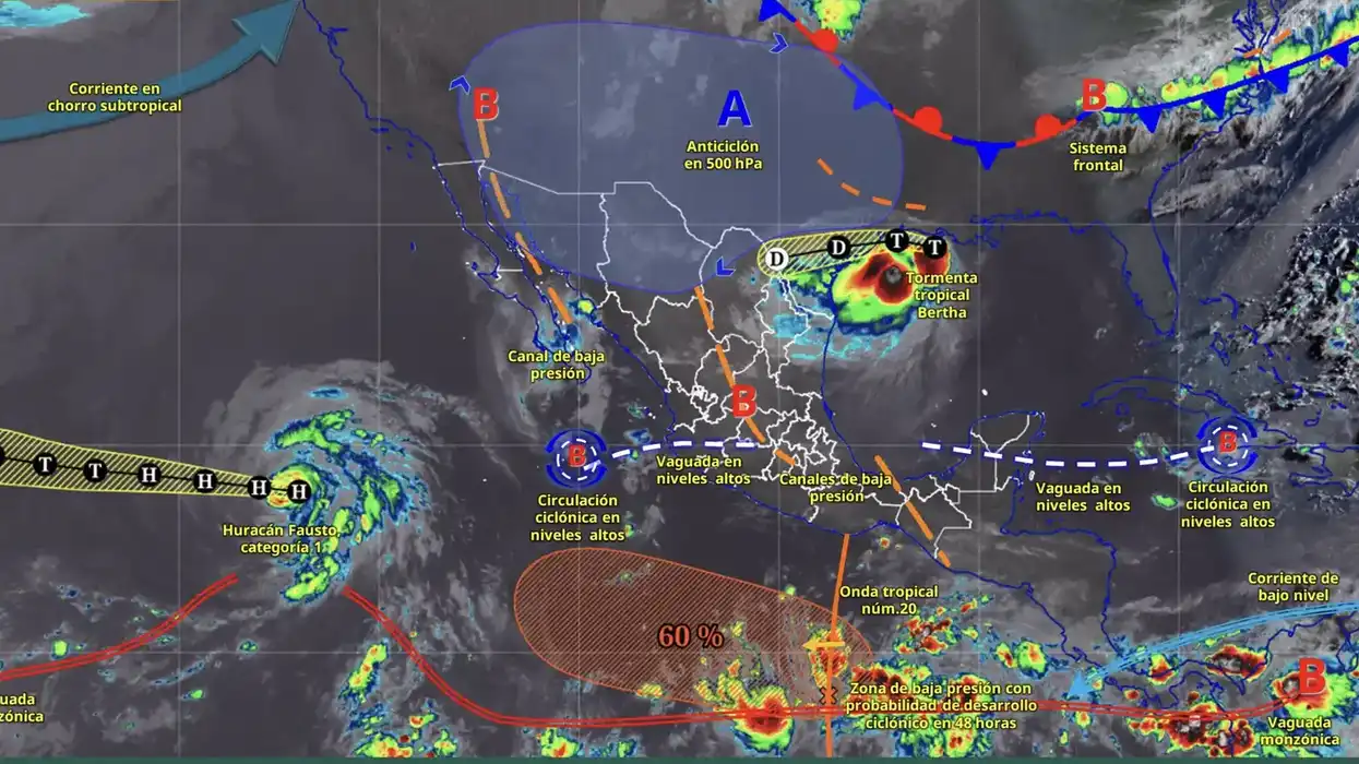 Imagen satelital del SMN del 23 de julio de 2026 que muestra la tormenta tropical Bertha en el Golfo de México, el huracán Fausto en el Pacífico y los sistemas que afectan el territorio nacional.