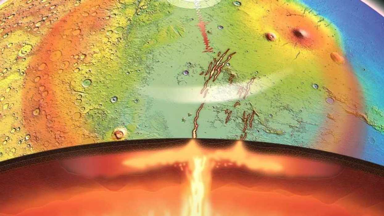 Impresión artística de una pluma activa del manto -una gran masa de roca caliente y flotante- que surge de las profundidades de Marte y empuja hacia Elysium Planitia. EFE/Adrien Broquet & Audrey Lasbordes/SOLO USO EDITORIAL