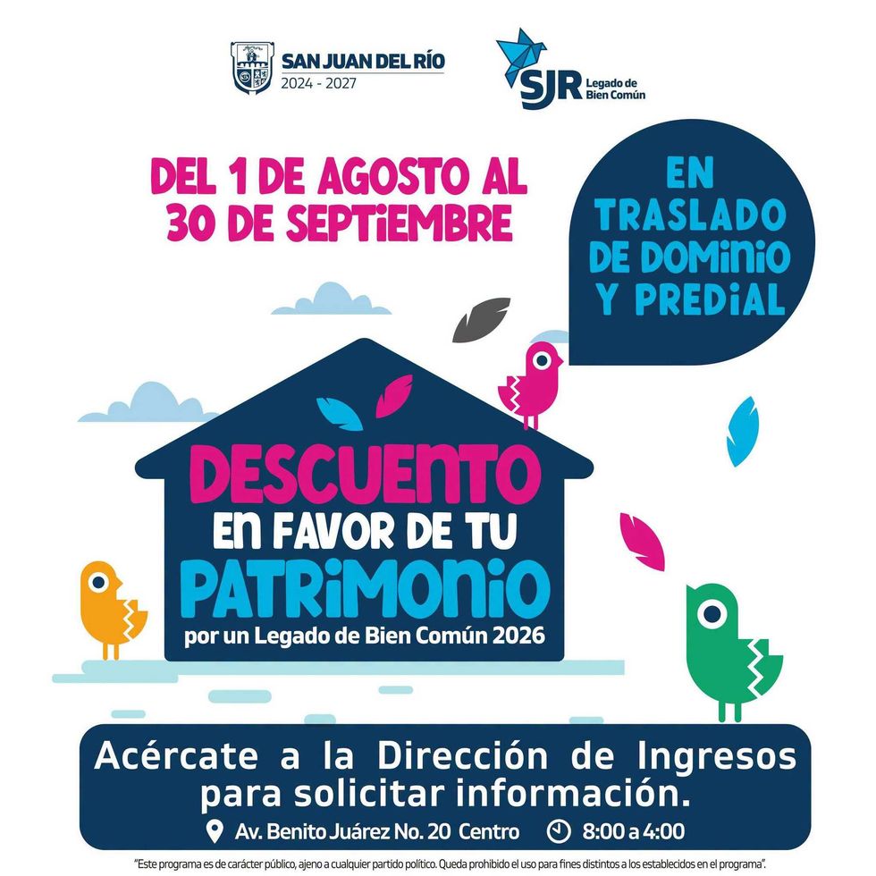 Infograf\u00eda del Gobierno Municipal de San Juan del R\u00edo sobre descuentos de hasta 100% en predial y traslado de dominio vigentes hasta septiembre de 2026.