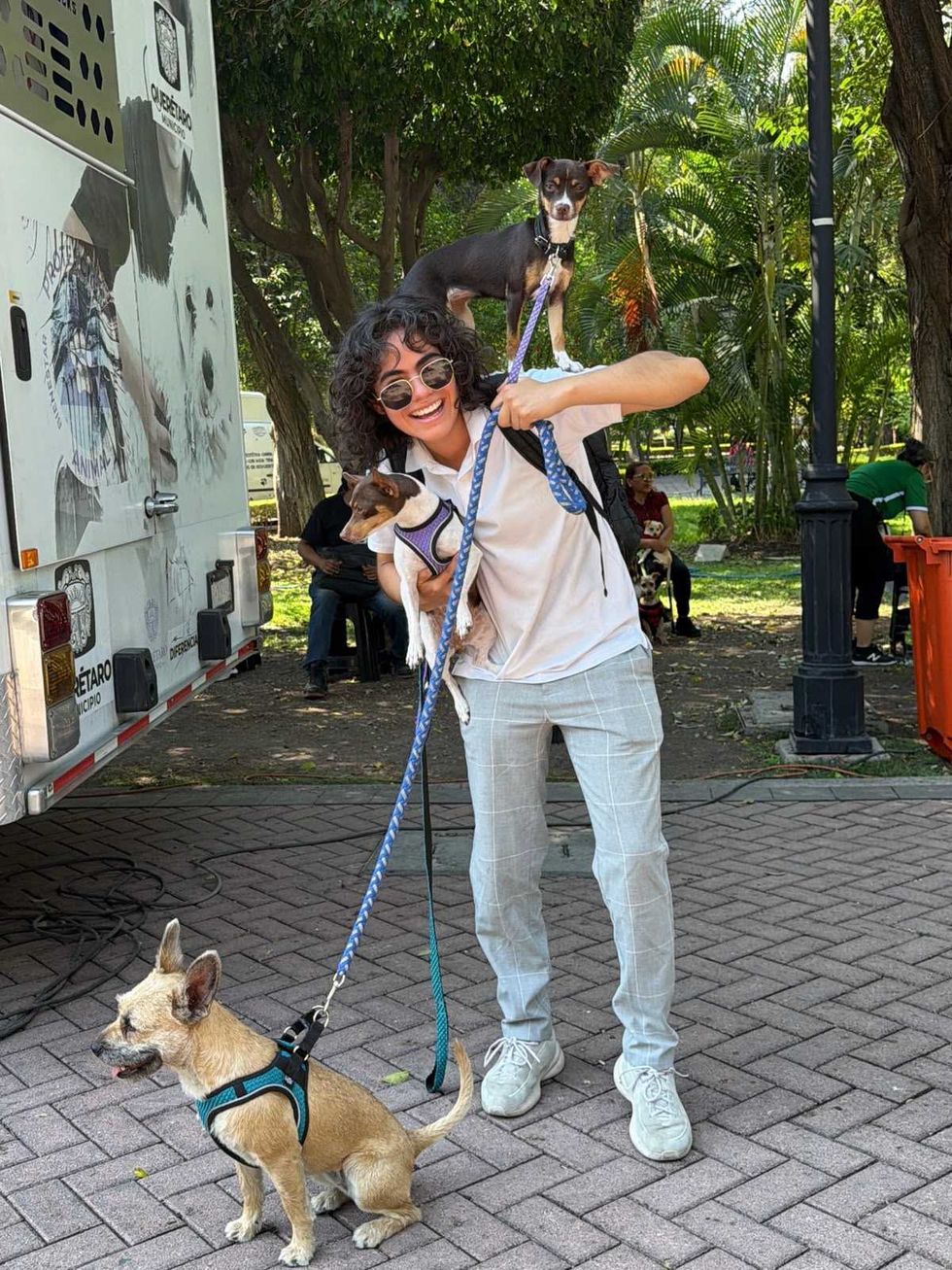 J\u00f3ven sostiene tres perros durante la Feria de Bienestar Animal del Municipio de Quer\u00e9taro en la Alameda Hidalgo.