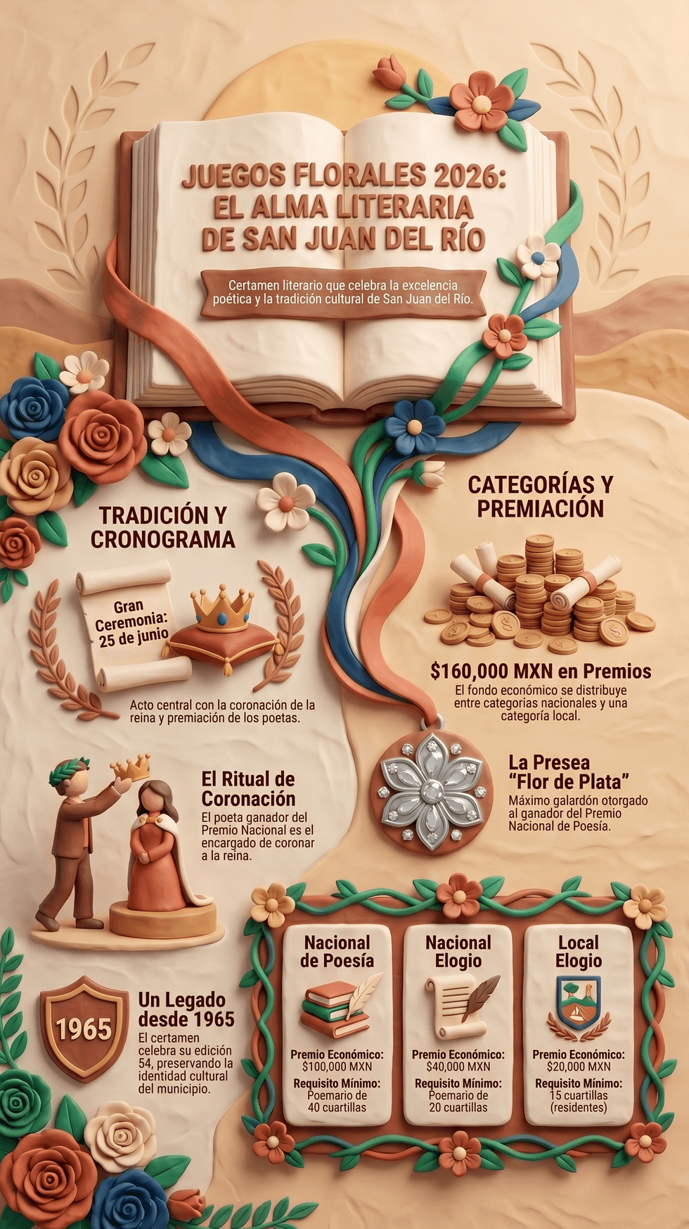 Juegos Florales 2026 San Juan del R\u00edo coronaci\u00f3n reina Flor de Plata 160 mil pesos premios