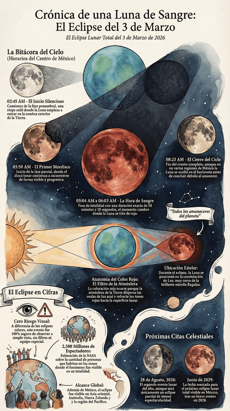 Luna te\u00f1ida de rojo cobrizo durante el eclipse lunar total del 3 de marzo de 2026 visible en M\u00e9xico