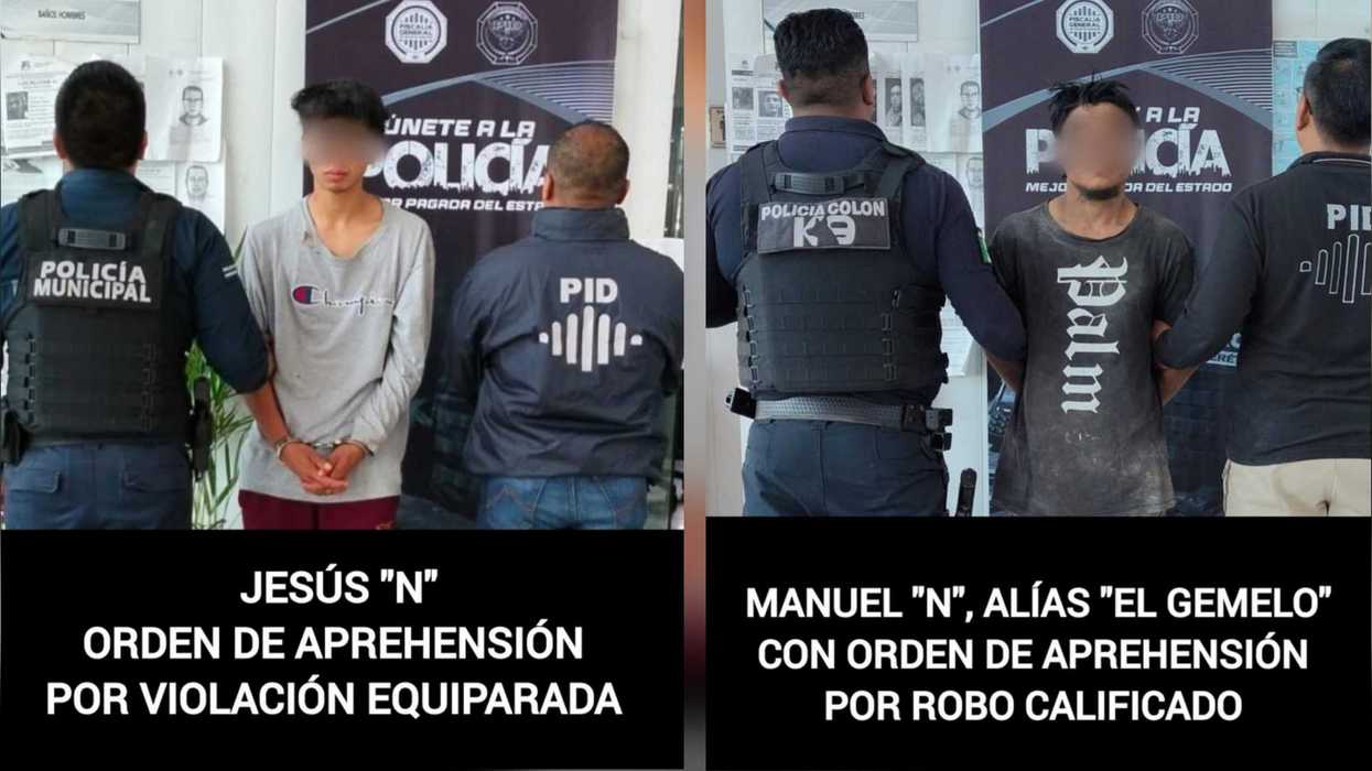 Manuel "N" y Jesús "N", esposados, son custodiados por policías municipales y agentes de la PID en Colón, Querétaro.