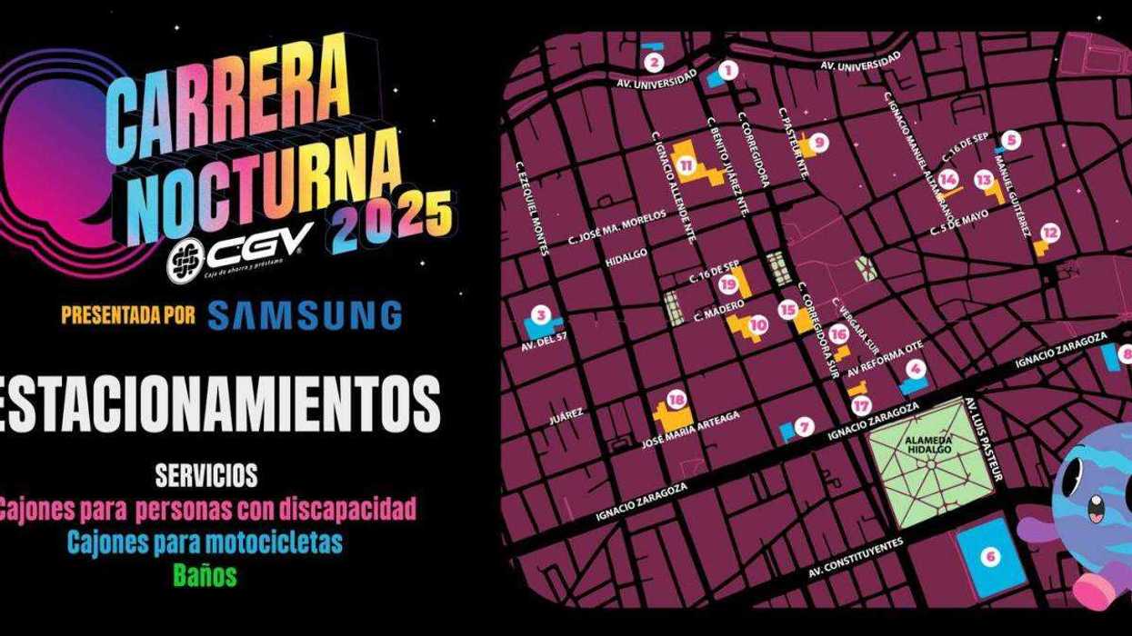 Mapa con ubicación de 19 estacionamientos para Carrera Nocturna 2025 en centro histórico de Querétaro.