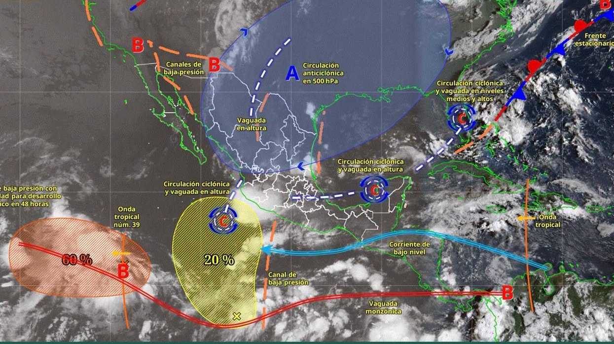 Mapa de Conagua con los sistemas meteorológicos de México, incluida zona con 60% de probabilidad ciclónica en el Pacífico