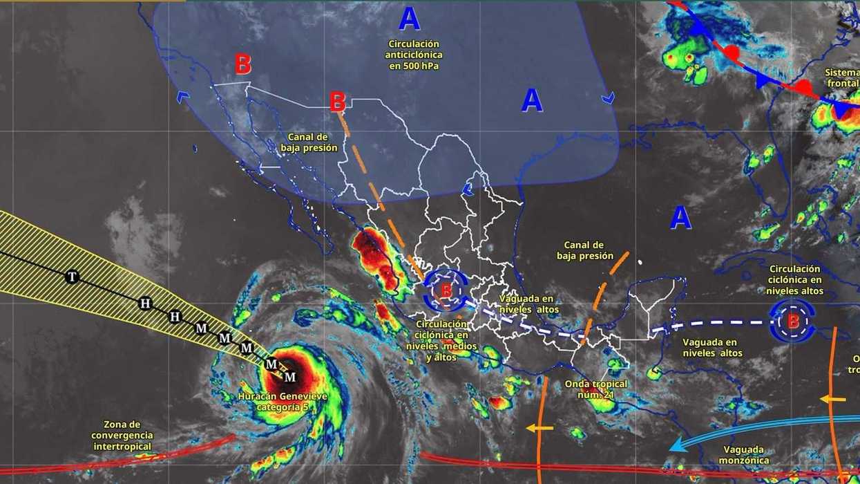 Mapa de sistemas meteorológicos actuales de Conagua y el Servicio Meteorológico Nacional, número 415, correspondiente al 27 de julio de 2026 a las 06:00 horas, con el huracán Genevieve categoría 5, un sistema frontal y zonas de lluvia sobre México.