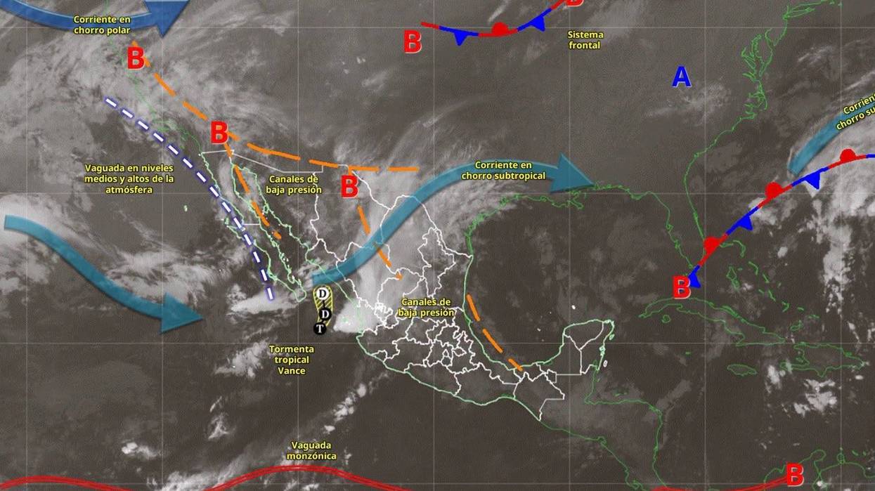 Mapa de sistemas meteorológicos del SMN con la tormenta tropical Vance en el Pacífico, vaguada y canales de baja presión sobre México el 29 de octubre de 2026