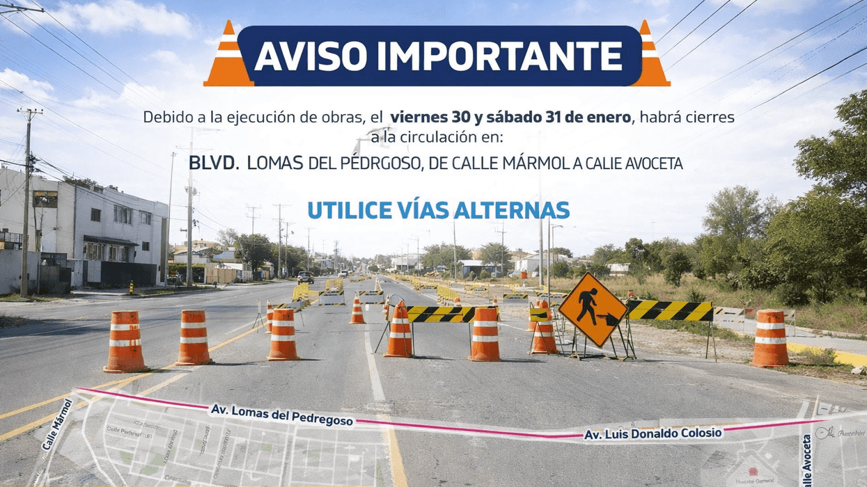 Mapa del cierre vial en bulevar Lomas del Pedregoso entre calle Mármol y calle Avoceta por obras de reencarpetamiento en San Juan del Río