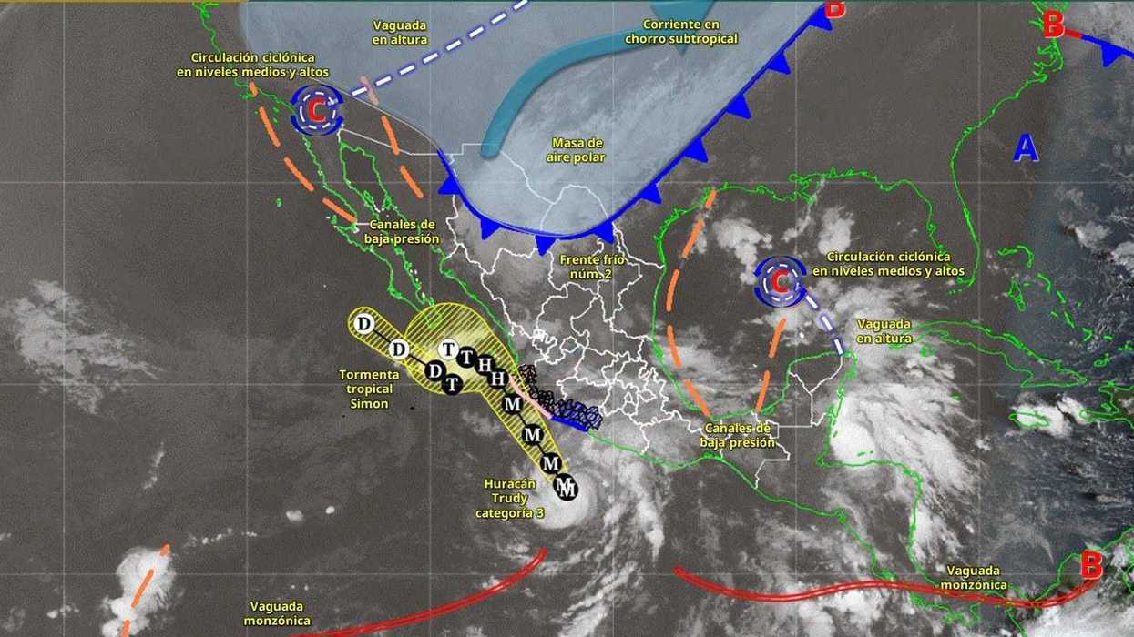 Mapa del Servicio Meteorológico Nacional con el frente frío núm. 2, la masa de aire polar, el huracán Trudy y la tormenta tropical Simon sobre México el 16 de octubre de 2026
