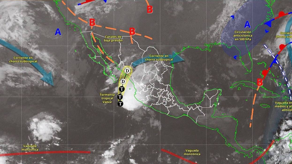Mapa del Servicio Meteorológico Nacional con la tormenta tropical Vance frente a las costas del Pacífico mexicano y los sistemas que generan lluvias en México.