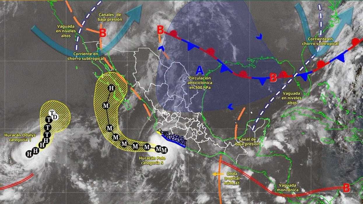 Mapa del SMN con el huracán Polo categoría 5 y el huracán Odalys en el Pacífico mexicano, 24 de septiembre de 2026