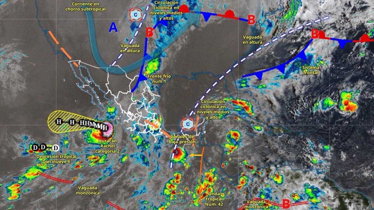 Mapa del SMN con el huracán Rachel categoría 2, el frente frío núm. 1 y zonas de lluvias sobre México