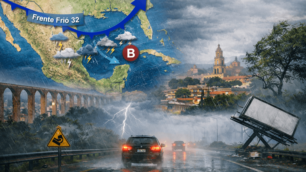 Mapa meteorológico de México con frente frío 32 y sistemas de presión que generarán chubascos y viento en Querétaro