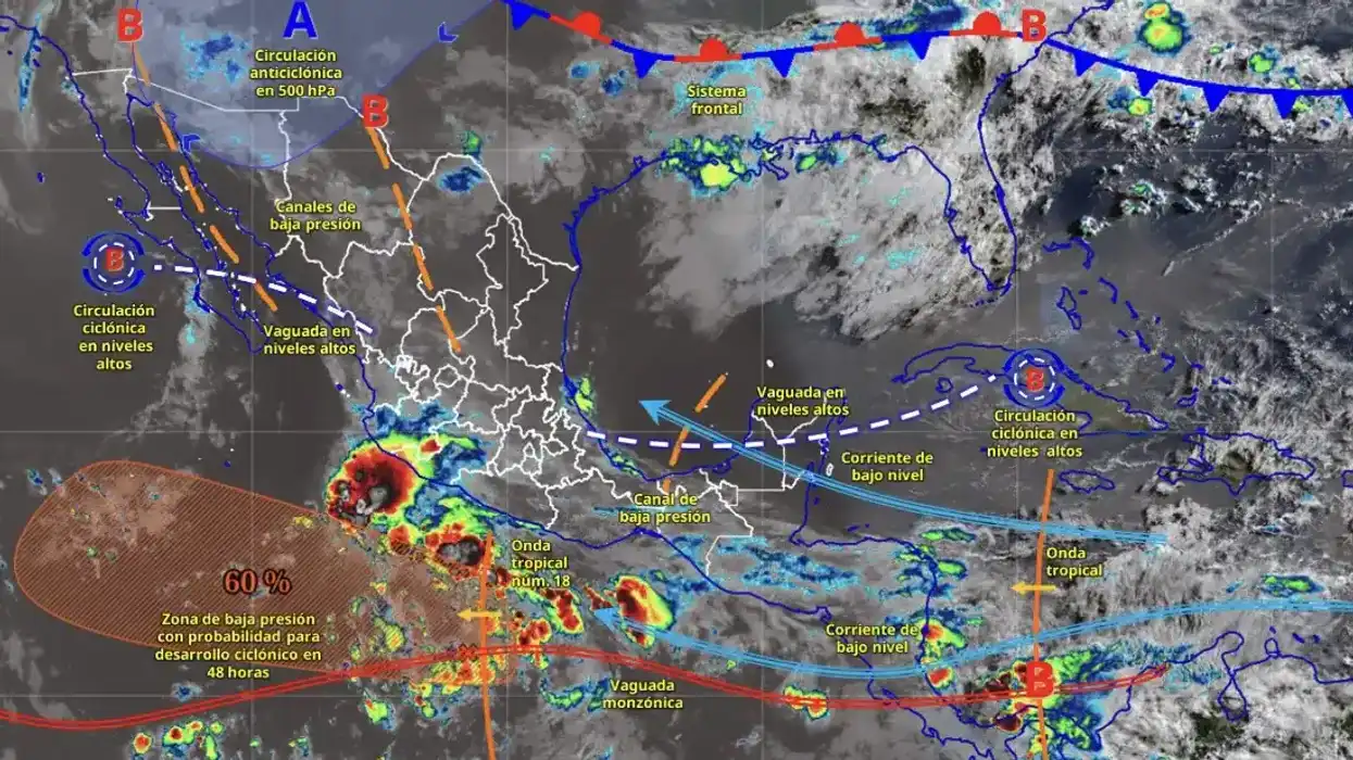 Mapa meteorológico del SMN con sistemas de lluvia y la onda tropical 18 sobre México