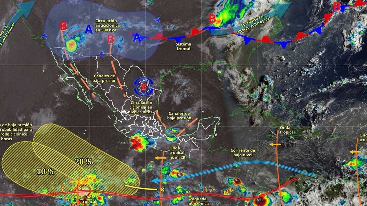Mapa satelital de sistemas meteorológicos de Conagua y SMN con sistema frontal, ondas tropicales y zonas de lluvia para México el 20 de agosto de 2026