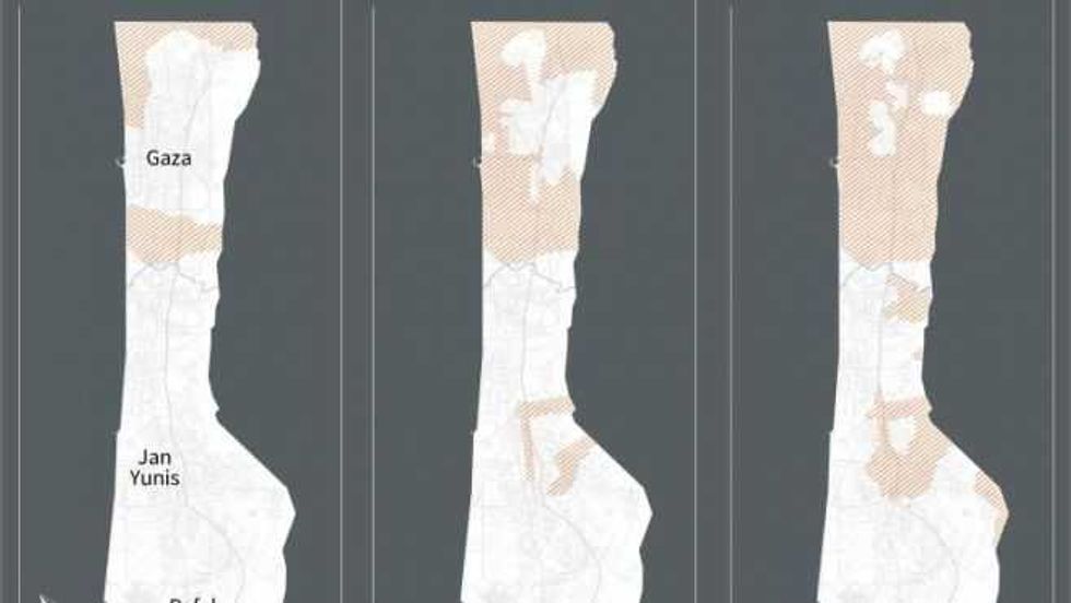 Mapas de la Franja de Gaza con las zonas aproximadas donde se han registrado operaciones del ejército israelí (según ISW) hasta el 7 de noviembre, 7 de diciembre y 4 de enero / AFP.