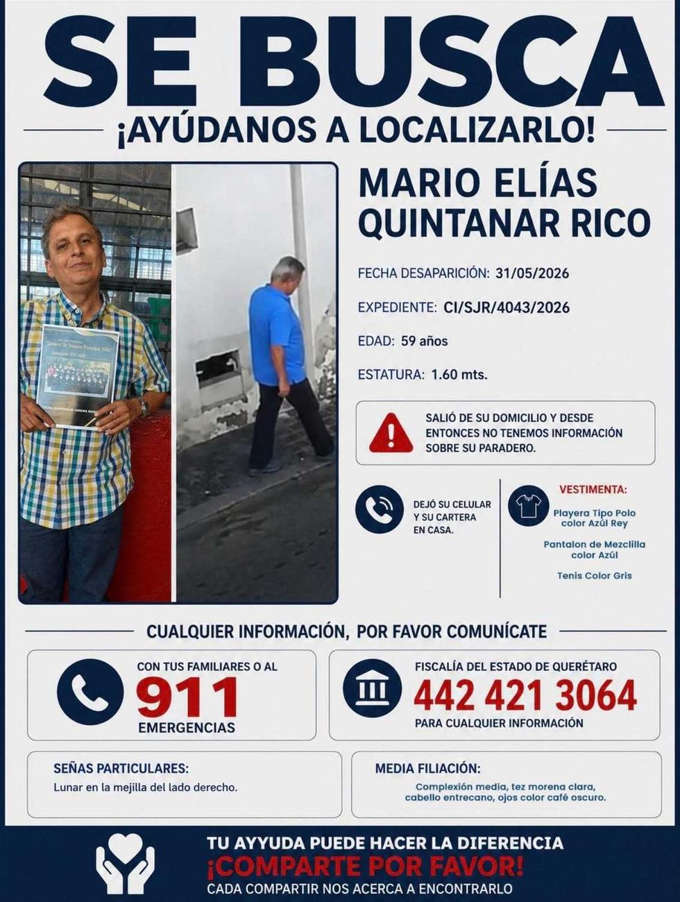 Mario El\u00edas Quintanar Rico, hombre de 59 a\u00f1os, cabello entrecano y camisa a cuadros, en la ficha de b\u00fasqueda difundida por la Fiscal\u00eda de Quer\u00e9taro.
