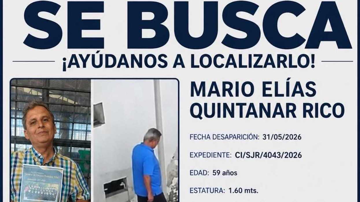 Mario Elías Quintanar Rico, hombre de 59 años, cabello entrecano y camisa a cuadros, en la ficha de búsqueda difundida por la Fiscalía de Querétaro.