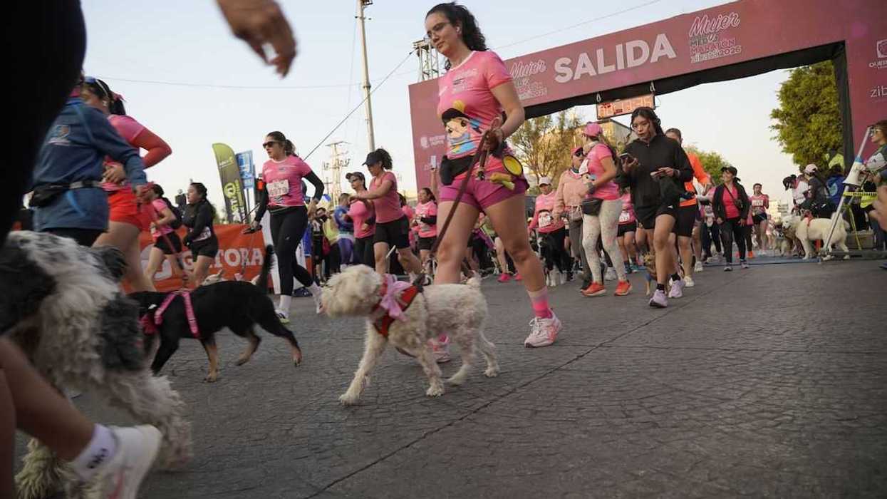 Miles de corredoras participan en el Mujer Querétaro Medio Maratón 2026 sobre Avenida Constituyentes frente a la Alameda Hidalgo en el Centro Histórico de la capital del estado