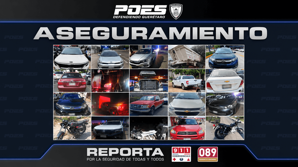 Mosaico de la Policía Estatal de Querétaro con 20 vehículos robados recuperados, entre automóviles, camionetas, motocicletas y unidades de carga.