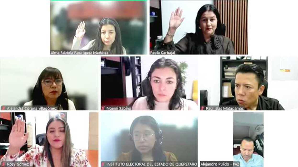 Mosaico de ocho participantes conectados por videoconferencia a la sesión de la Comisión de Transparencia y Tecnologías de la Información del IEEQ sobre el sistema Candidatas y Candidatos, Conóceles.