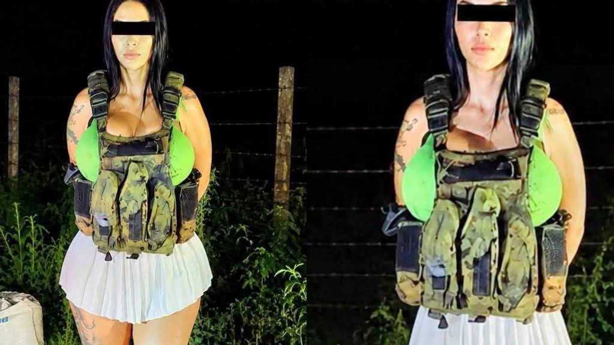Mujer detenida frente a lona de Marina, flanqueada por elementos navales; en el suelo, arsenal confiscado. Dos encuadres adicionales muestran a la misma persona portando chaleco t\u00e1ctico. Todos los rostros aparecen protegidos.
