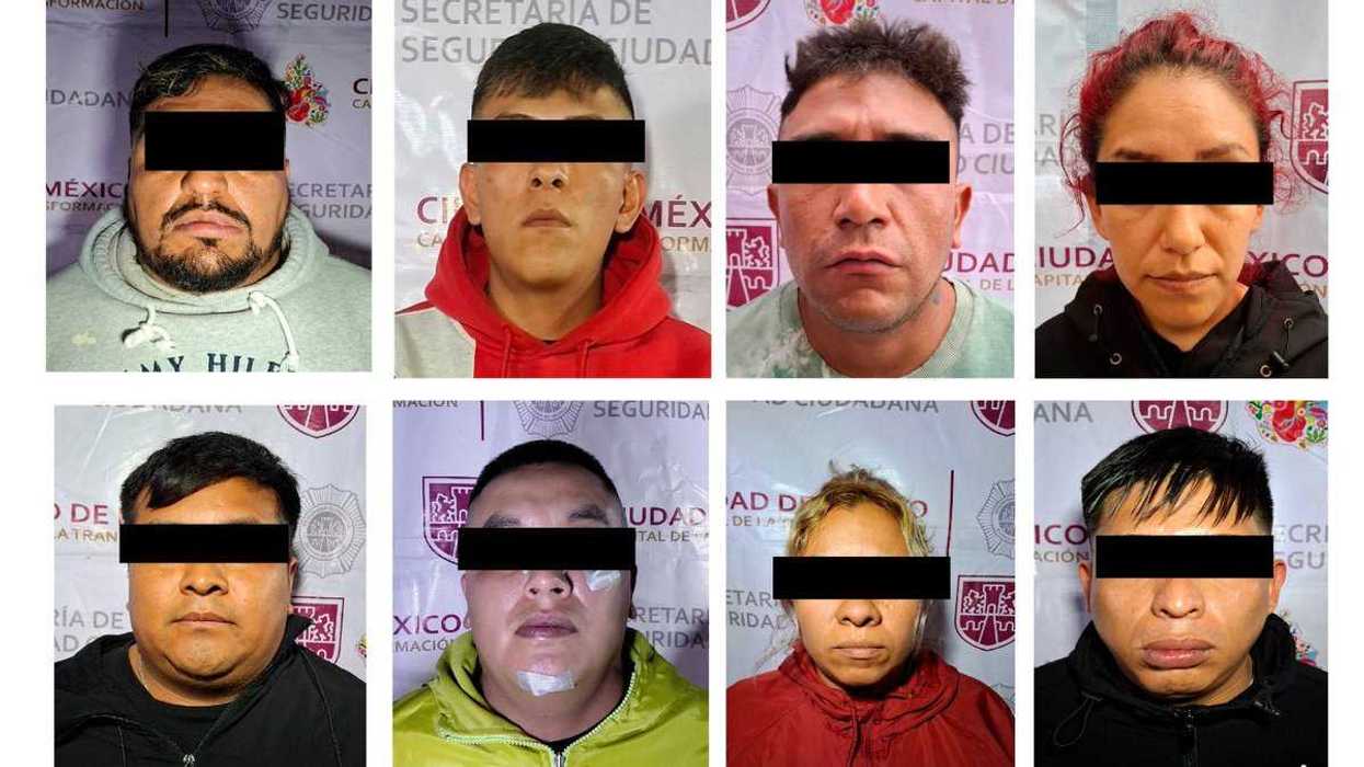 Ocho retratos de detenidos con los ojos cubiertos por barras negras, presentados por la SSC tras cateos en Benito Juárez y Miguel Hidalgo.