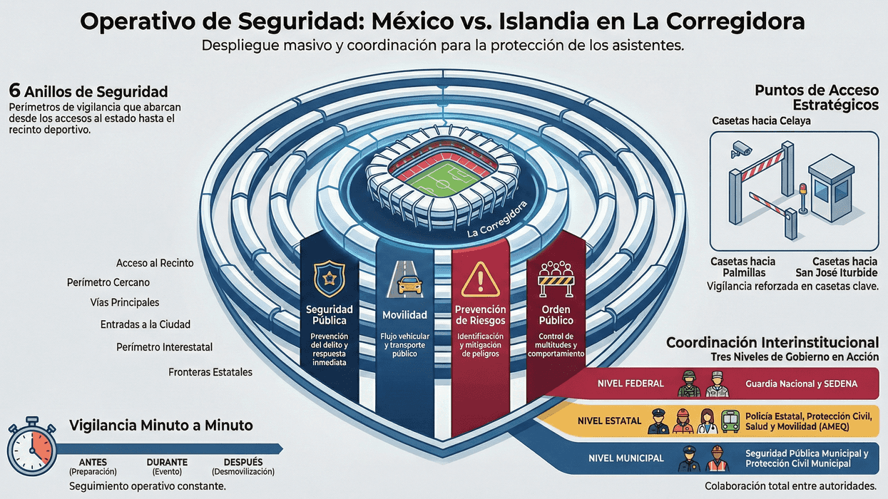 Operativo con seis anillos de seguridad blinda el Estadio Corregidora para el partido México vs Islandia en Querétaro