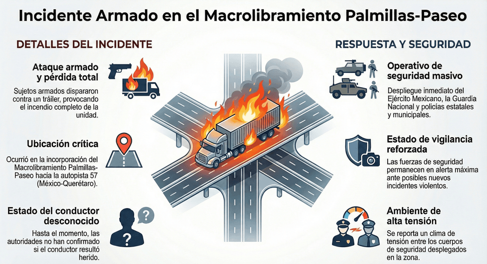 Operativo de seguridad tras ataque armado a tr\u00e1iler incendiado en Macrolibramiento Palmillas rumbo a autopista M\u00e9xico-Quer\u00e9taro