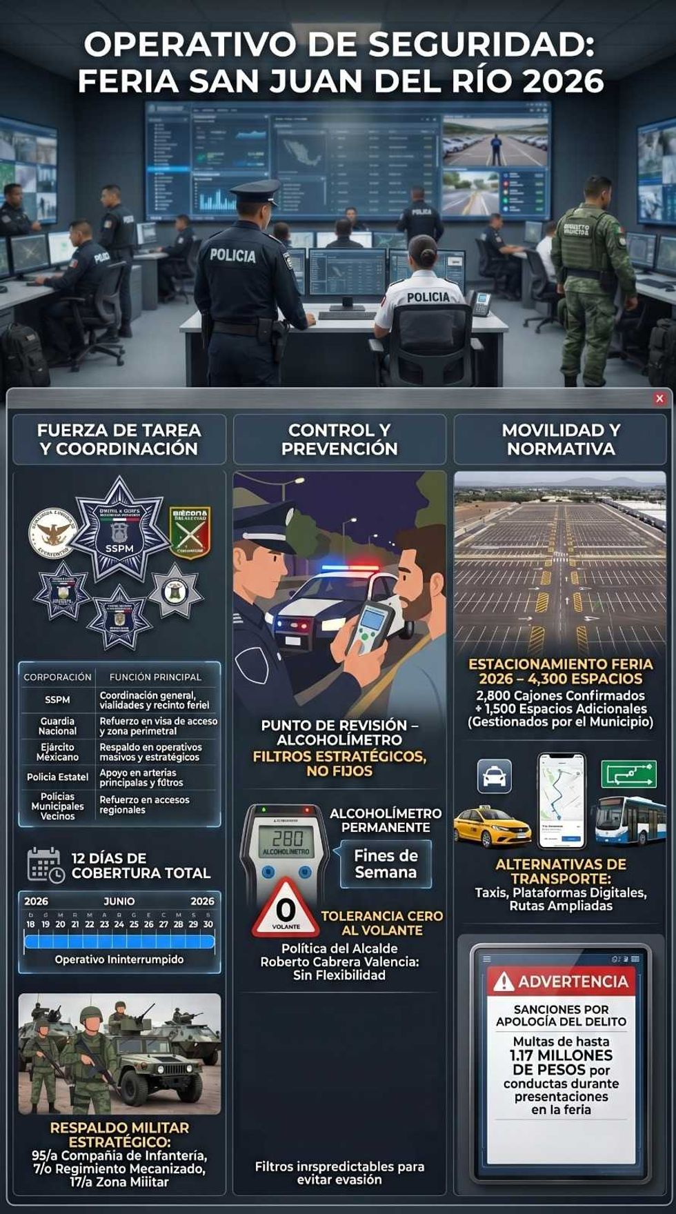 Operativo seguridad alcohol\u00edmetro Feria San Juan del R\u00edo 2026 cinco corporaciones recinto ferial