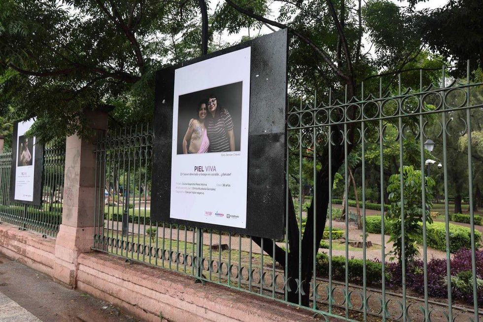 Panel de la exposici\u00f3n fotogr\u00e1fica Piel Viva en la reja de la Alameda Hidalgo, Quer\u00e9taro, con un grupo de mujeres