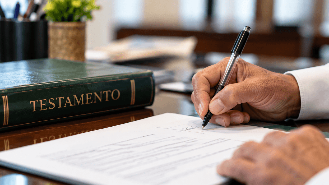 Persona firma documento junto a libro con la palabra Testamento, alusiva al Mes del Testamento 2026 en Querétaro