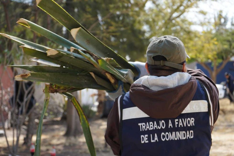 Persona realizando trabajo comunitario de limpieza en espacio p\u00fablico de Quer\u00e9taro bajo supervisi\u00f3n policial