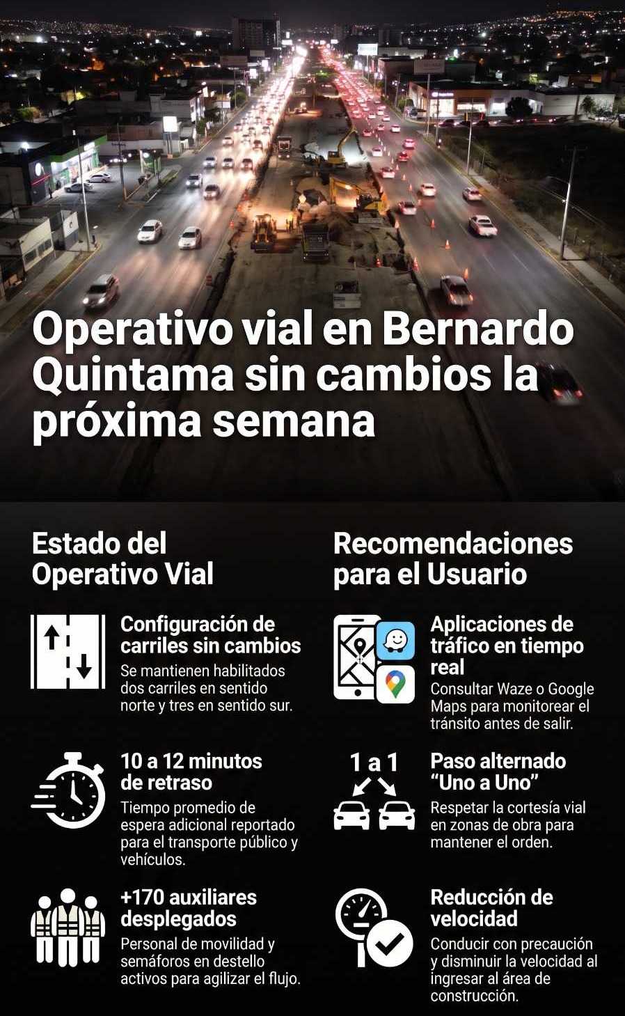 Personal de movilidad coordina la circulaci\u00f3n vehicular en Bernardo Quintana durante las obras del tren M\u00e9xico-Quer\u00e9taro.